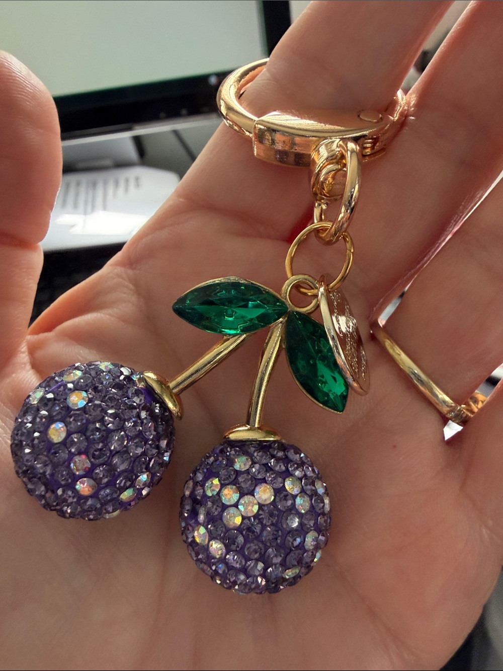 Gold-Tone Purple Crystal Cherry Keychain - Picture 3 of 4